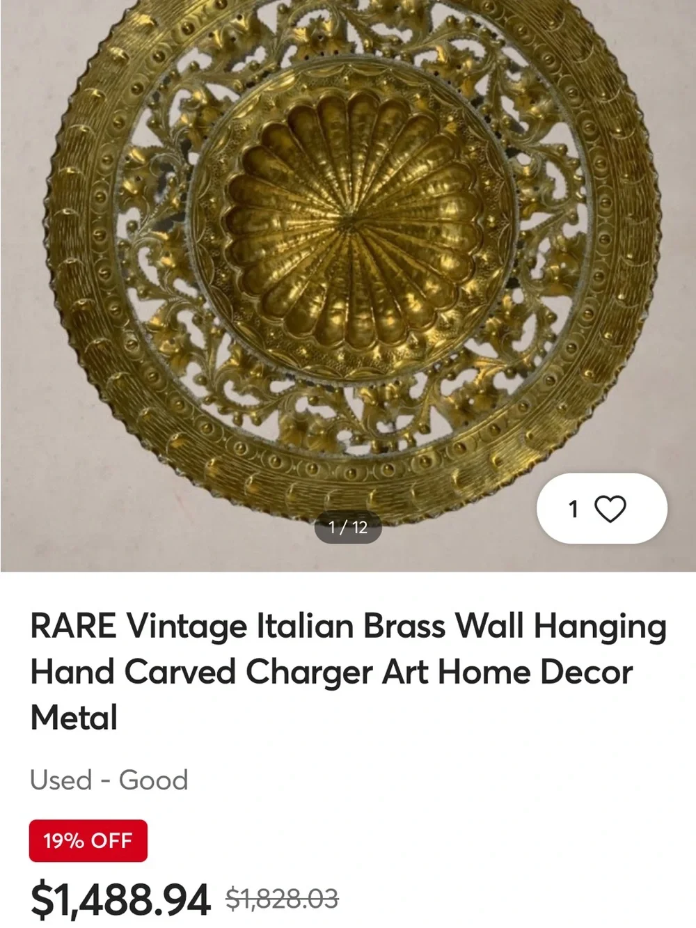 Vintage Italian Brass Wall Hanging Charger – Hand-Carved Metal Art